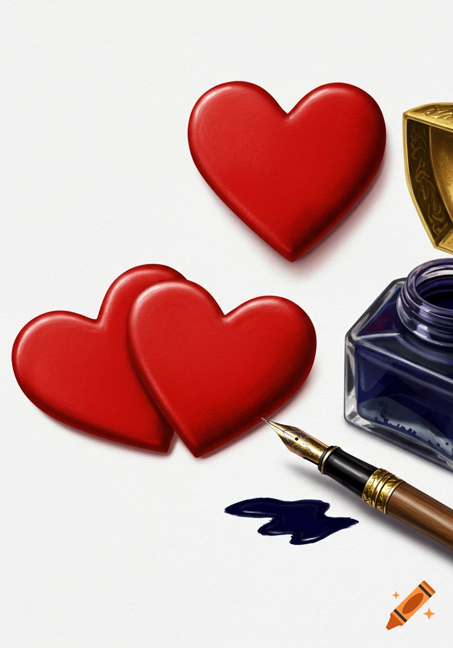 A still life image featuring three glossy red hearts, a fountain pen, an open ink bottle with blue ink, and an ink blot on a white surface.