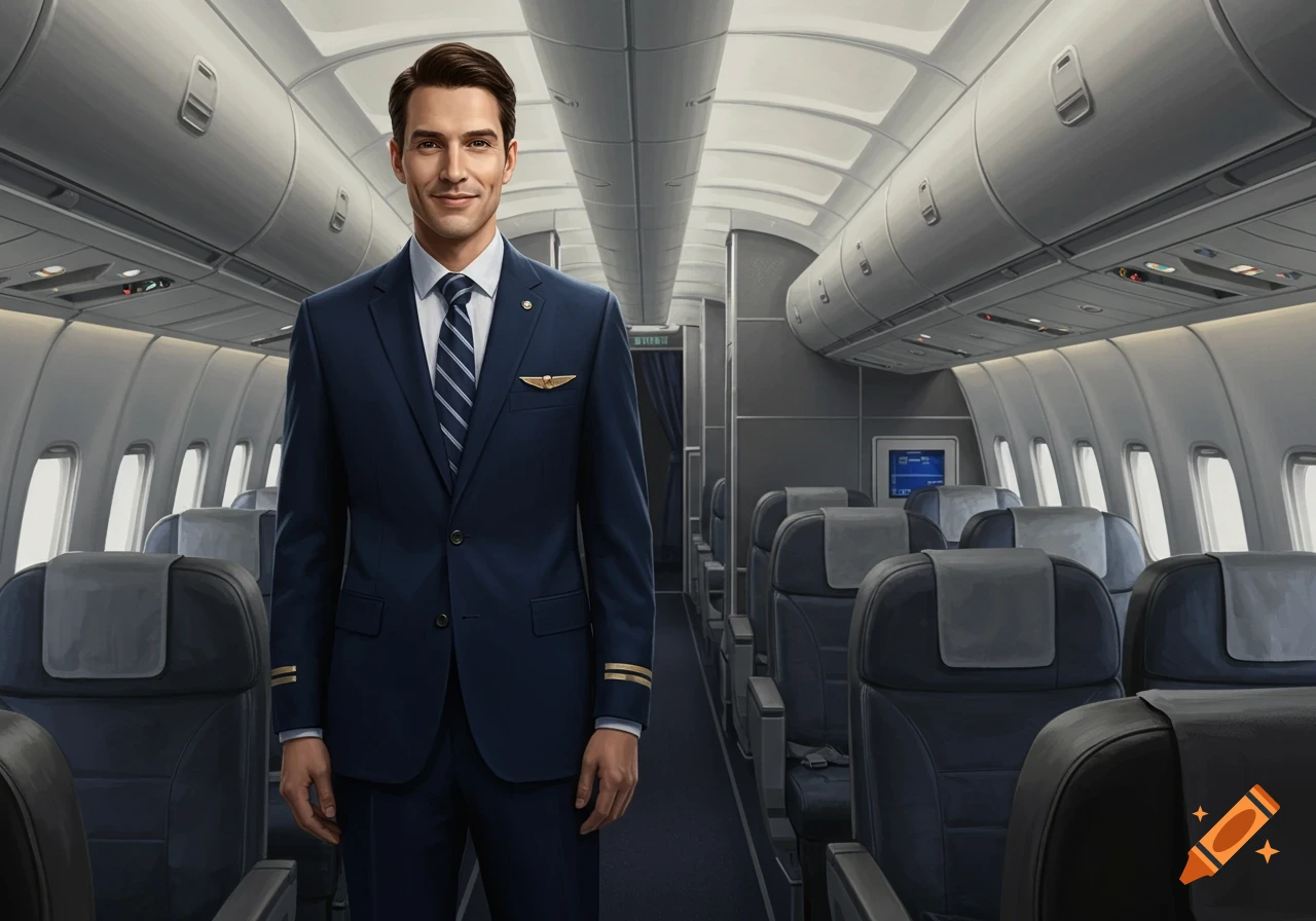 A smiling male cabin crew member in a navy blue uniform stands in an airplane aisle. Realistic.