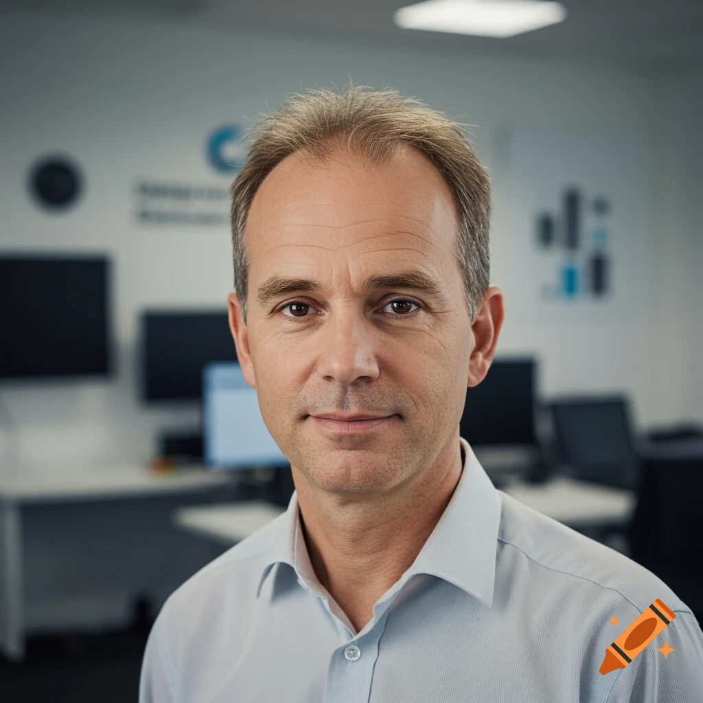Headshot of a middle-aged man with light hair and a collared shirt in an office.