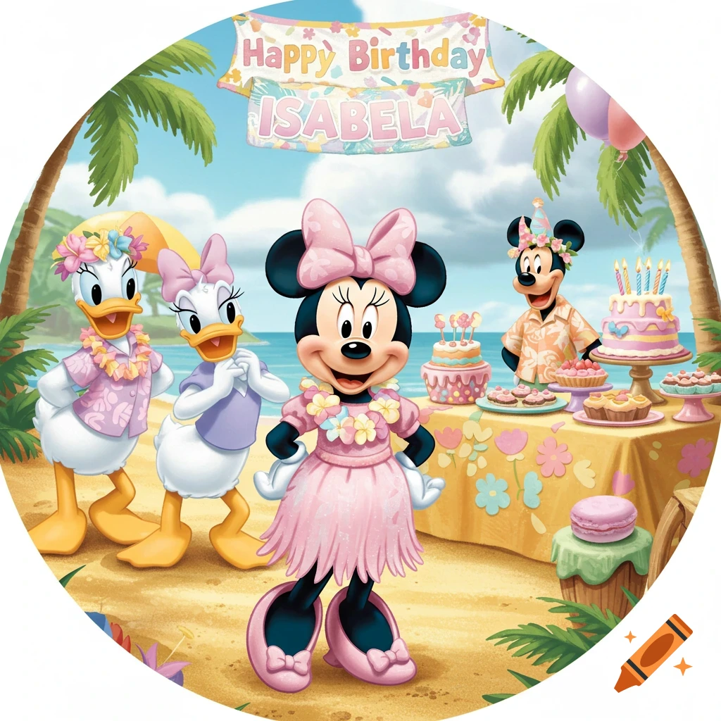 Minnie Mouse, Daisy, Donald, and Mickey at a tropical beach luau birthday party. A banner reads 'Happy Birthday Isabela'.
