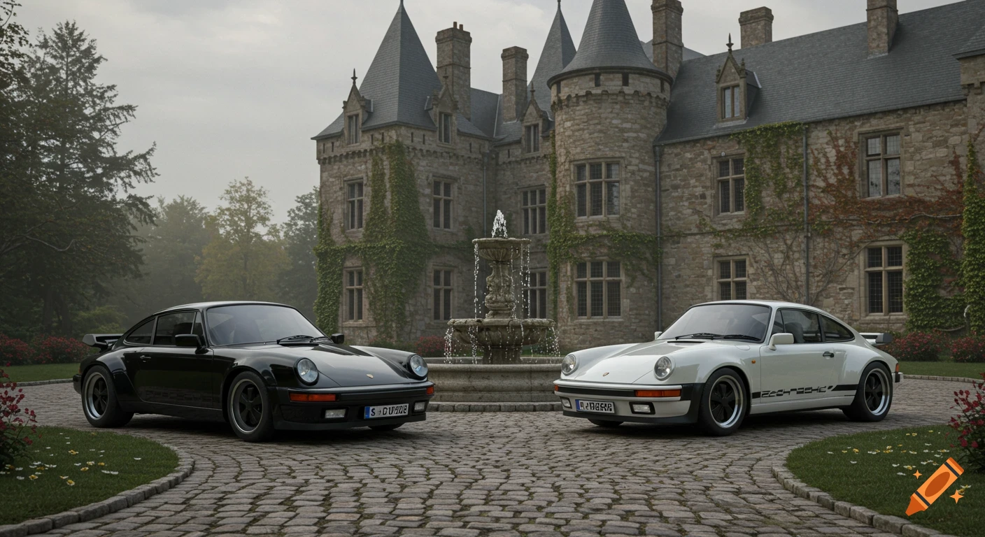 Two black and white Porsche 911 Turbo cars on a cobblestone driveway in front of a grand stone castle with a fountain, photorealistic.