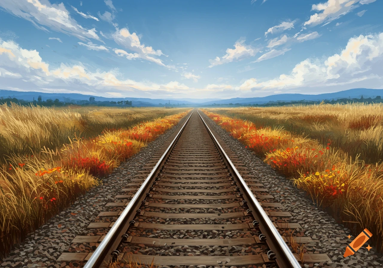 A straight railway track through a field with golden grass and red flowers, under a blue cloudy sky, in an illustrative style.