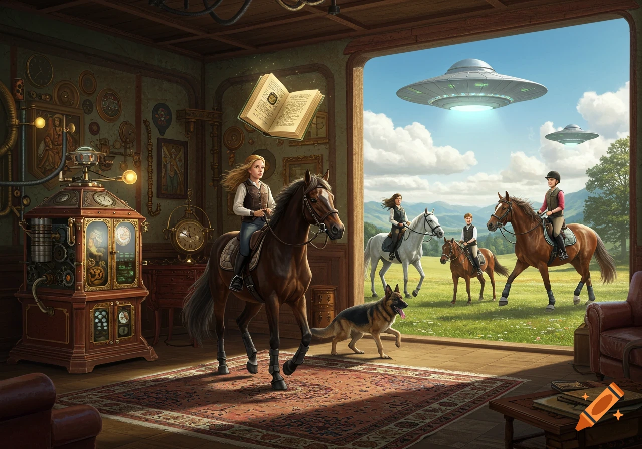A girl on horseback exits a steampunk room with a floating book, joining other riders and a dog in a field under UFOs.