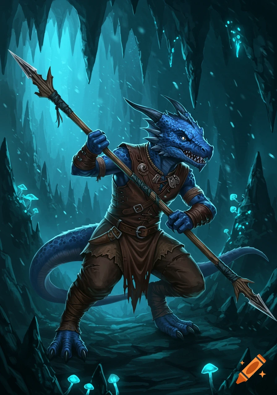 A blue kobold fighter with a spear stands ready in a glowing fantasy cave. Digital art.