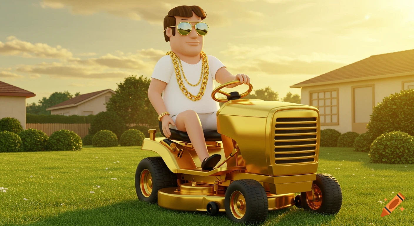A cartoon man in sunglasses and gold chains rides a golden lawnmower on a sunny green lawn with suburban houses in the background.