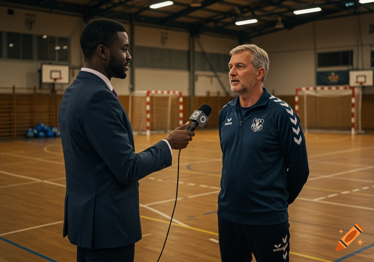 A photorealistic image of a journalist interviewing a handball coach in a sports hall with goals in the background.