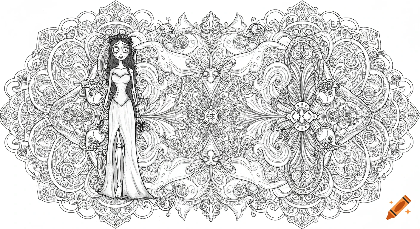 Black and white line art coloring page of the Corpse Bride, Emily, in a gothic Victorian lace and rose mandala.