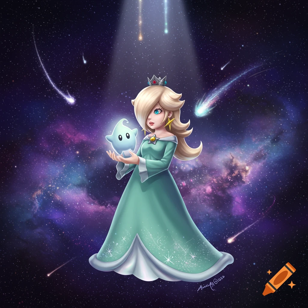 Rosalina in a teal dress holding a Luma, floating in a vibrant purple and blue galaxy with shooting stars.