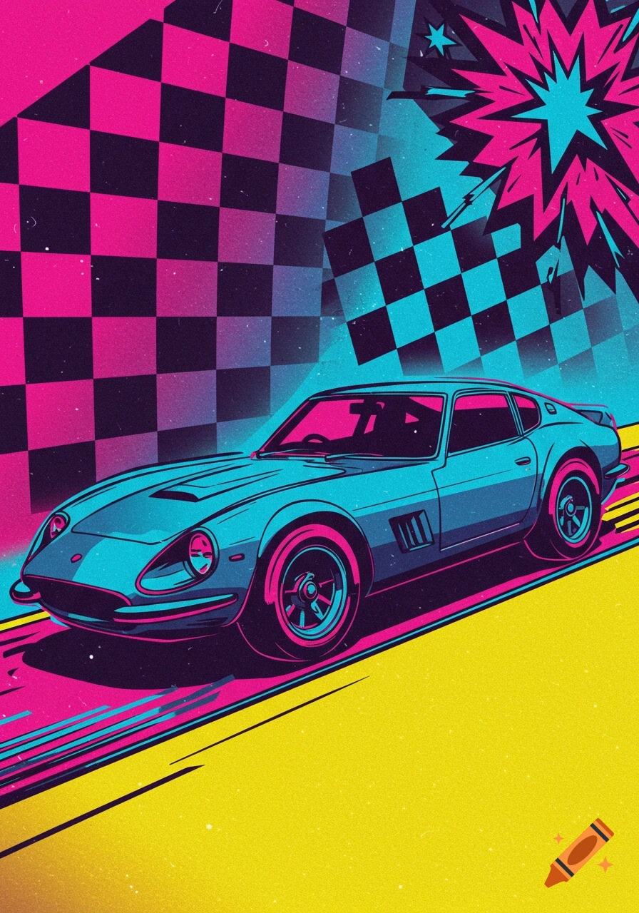 Vibrant pop art of a blue sports car on a yellow road, against a pink and blue checkered flag background with an explosion graphic.