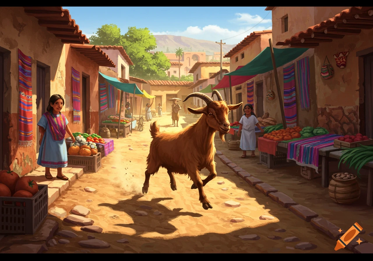 A brown goat runs through a colorful illustrated Mexican market street with stalls, vendors, and adobe buildings under a sunny sky.