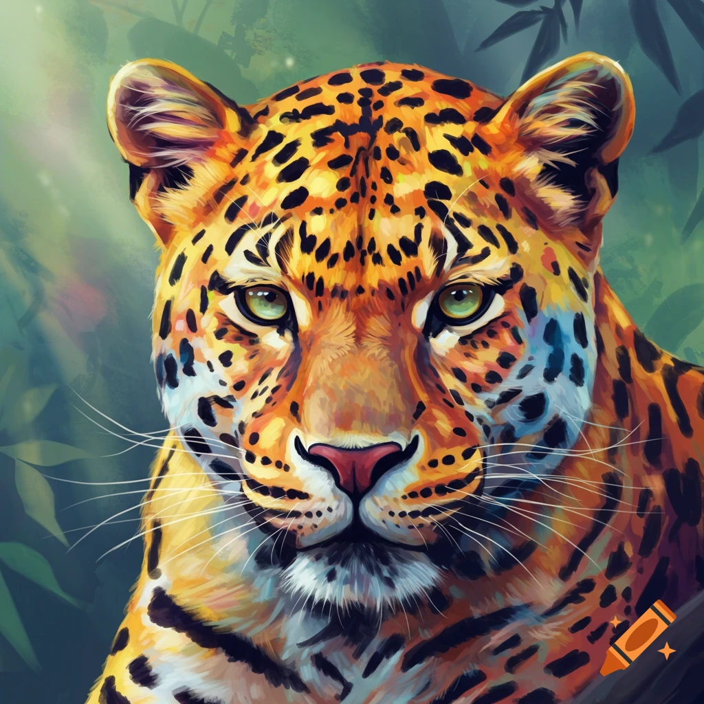 Close-up, stylized, colorful illustration of a leopard's head with greenish-yellow, orange, blue, and pink fur against a green background.