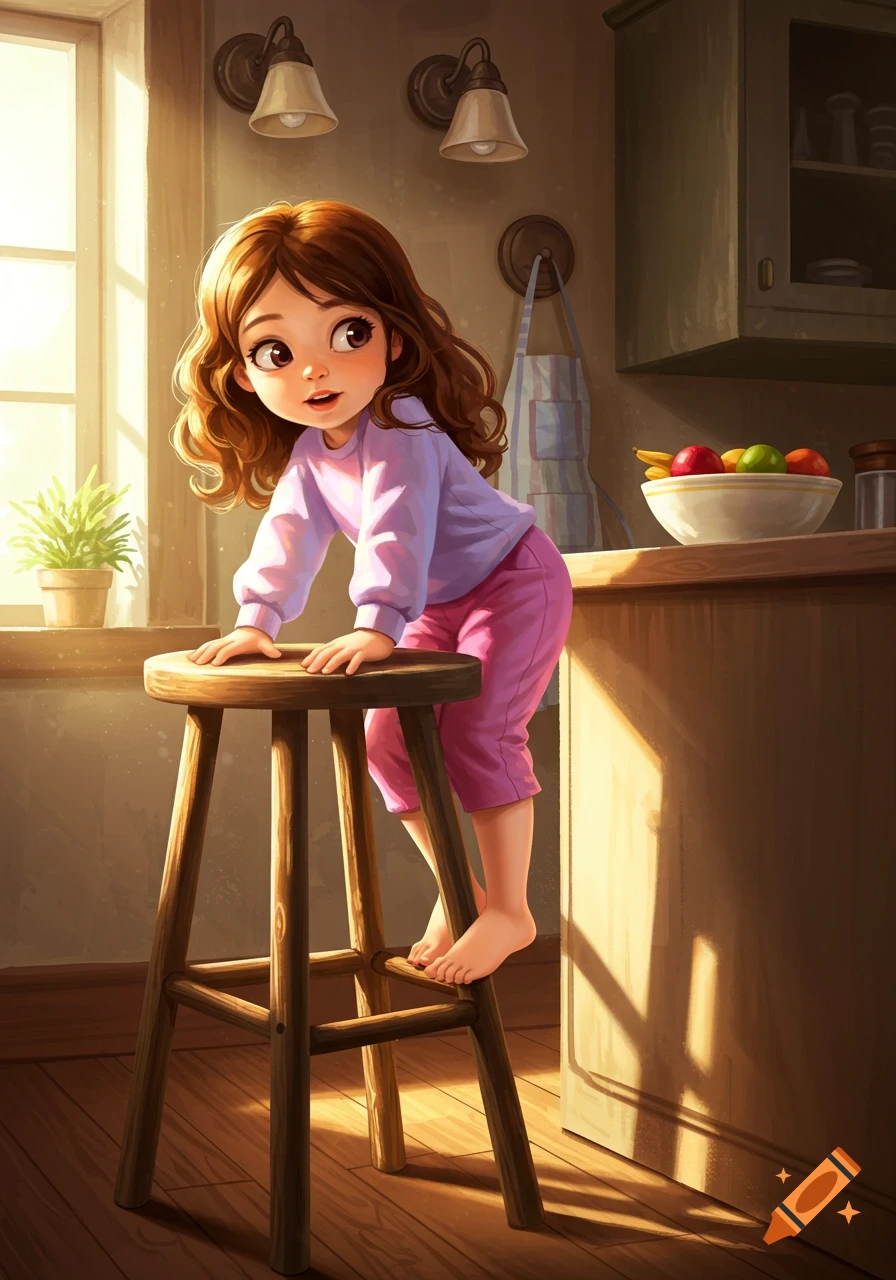 A young cartoon girl with brown hair stands on a wooden stool in a sunlit kitchen, looking up at the counter.