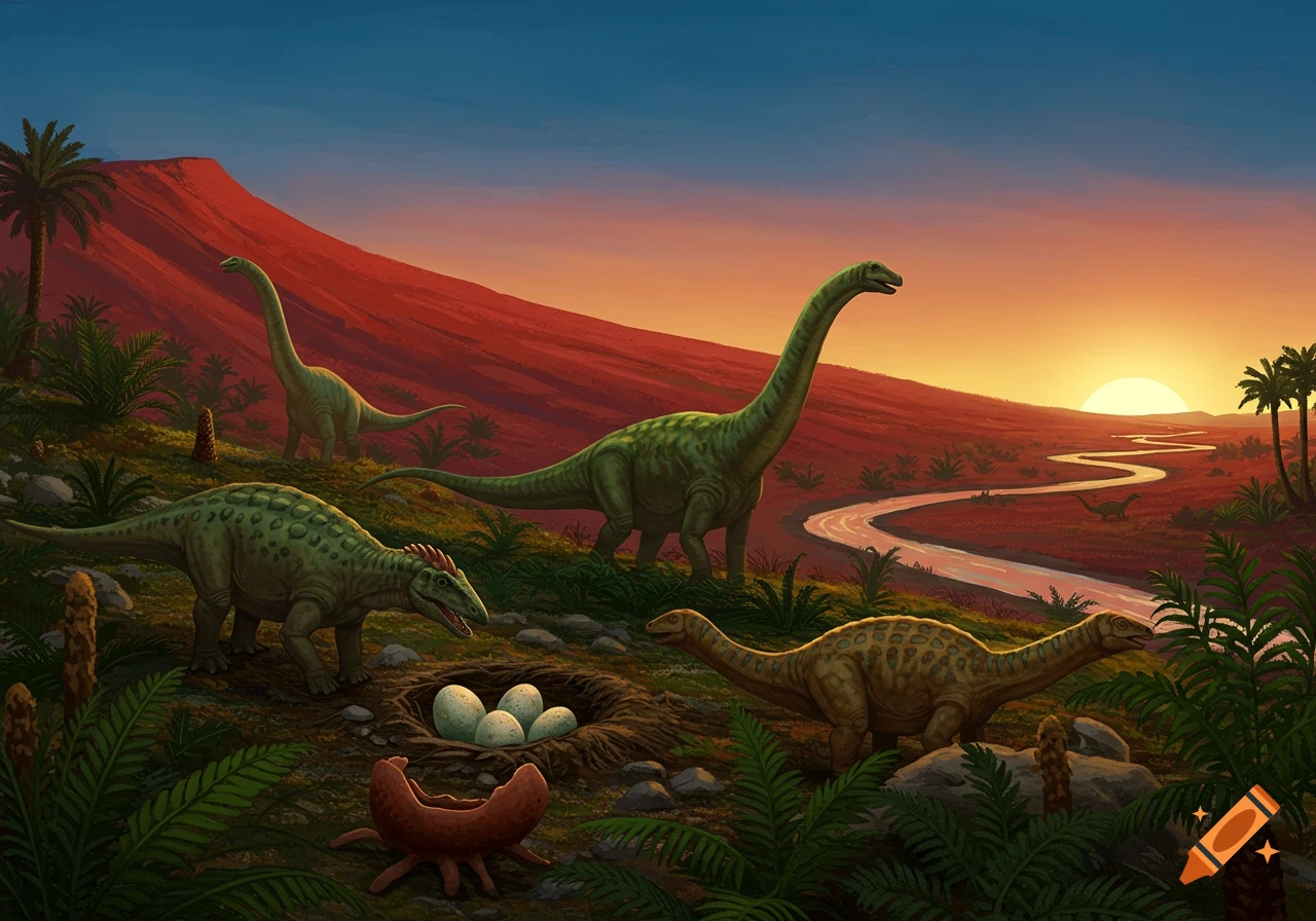 Painting of dinosaurs in a prehistoric landscape with a red hill, winding river, and a sunset. A dinosaur nest with eggs in foreground.