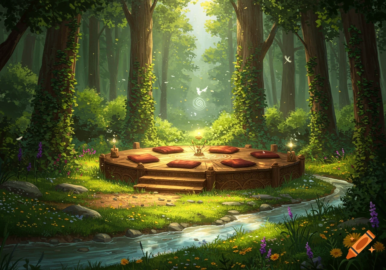 A serene, sun-dappled forest clearing features a round wooden platform with red cushions, a glowing centerpiece, and a flowing stream.