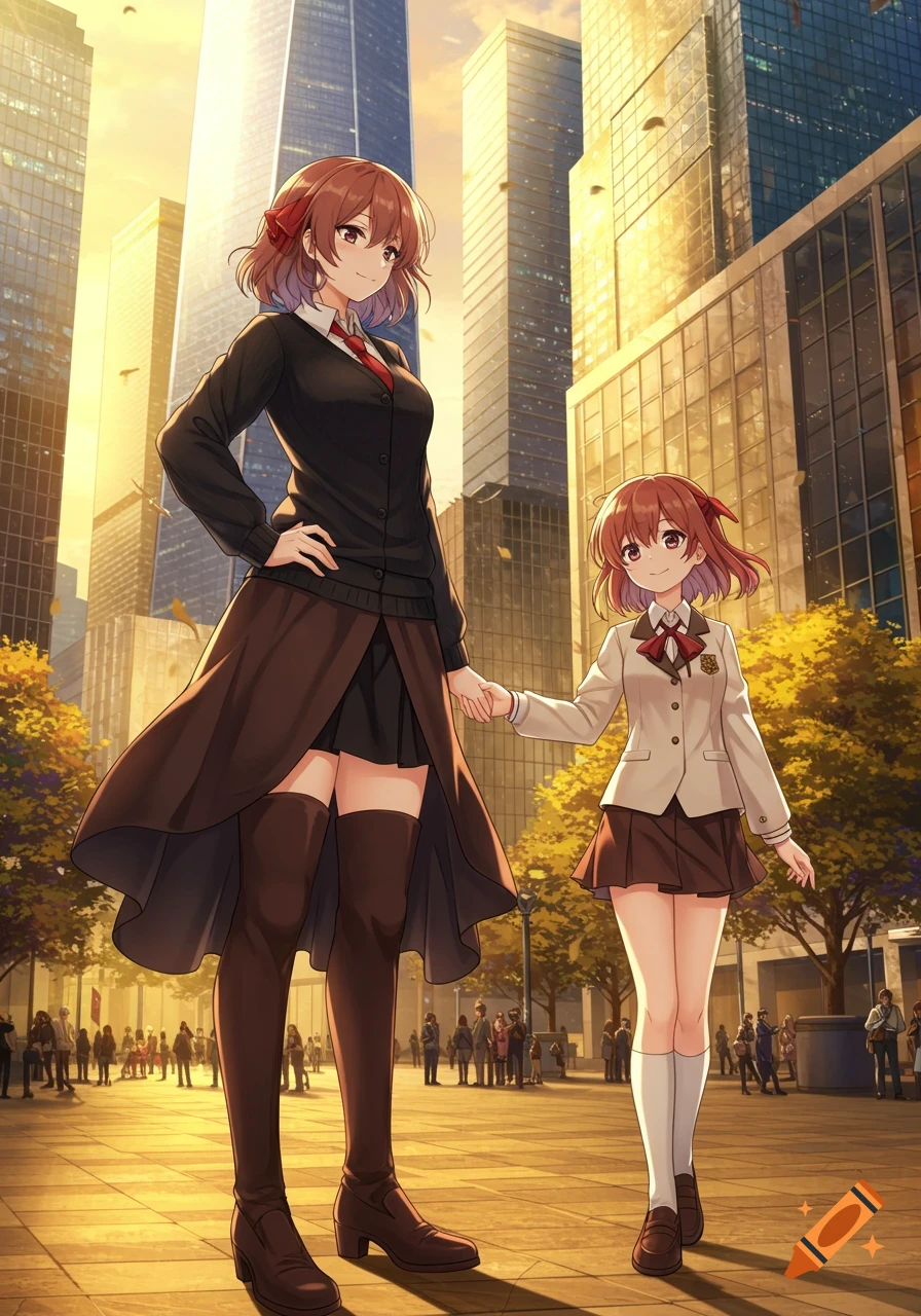 Two anime girls, one taller, one shorter, hold hands on a city street with skyscrapers in the background at sunset.