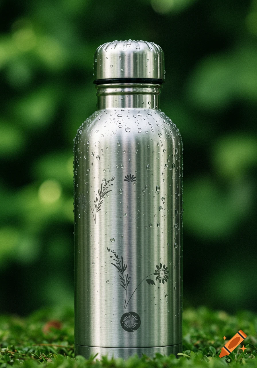 Close-up of a silver metallic reusable water bottle covered in water droplets and floral engravings, standing on grass with a blurred green background.