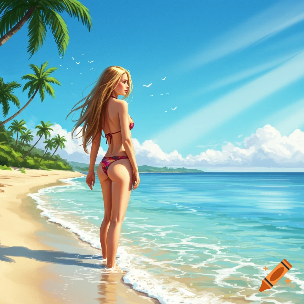 Woman in a colorful bikini on a sunny beach, facing the ocean, with palm trees. Illustration style.