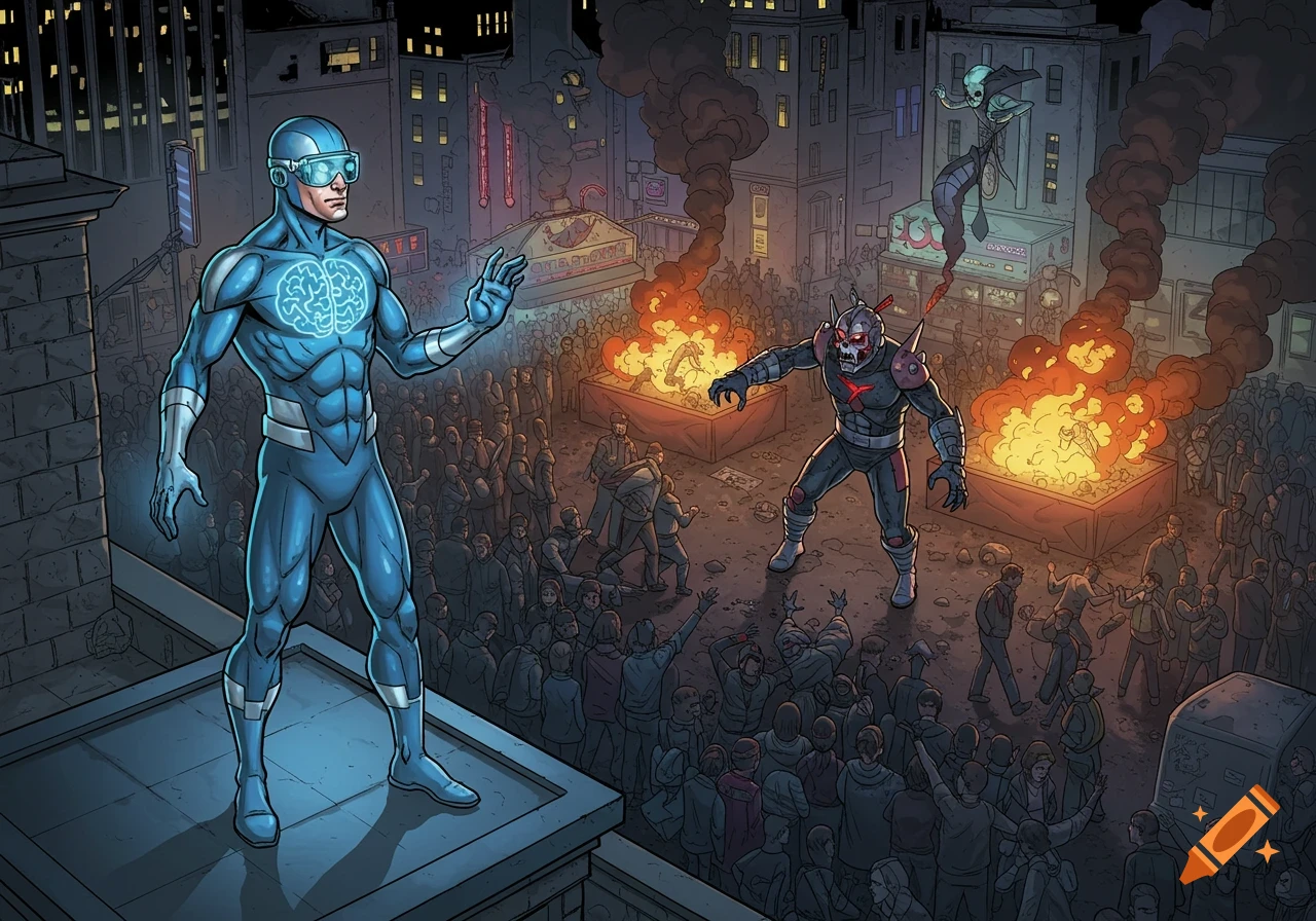 A blue superhero with a glowing brain symbol confronts a red and black villain in a chaotic city street with fires and a panicked crowd, comic book style.