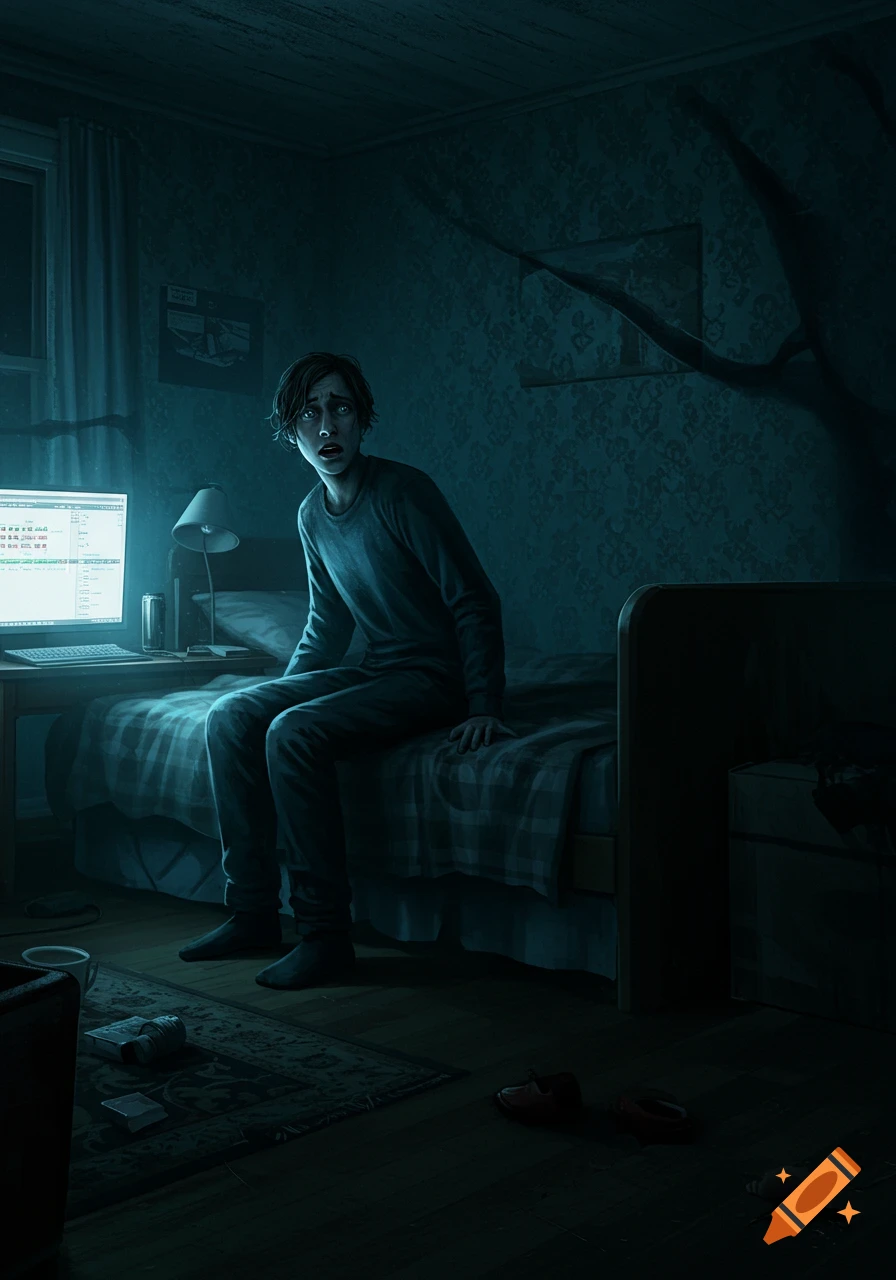 A young person sits on a bed in a dimly lit, eerie bedroom, looking over their shoulder in fear, with light from a computer screen illuminating them.