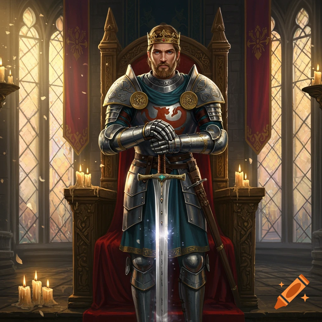 A regal king in ornate armor and a golden crown stands before a grand throne, holding a sword in a sunlit castle hall.