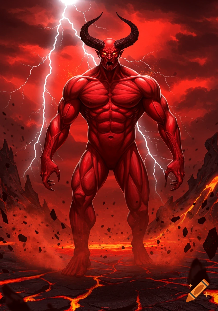A muscular red demon with large horns and glowing eyes stands in a fiery hellscape with lightning striking from a dark red sky.