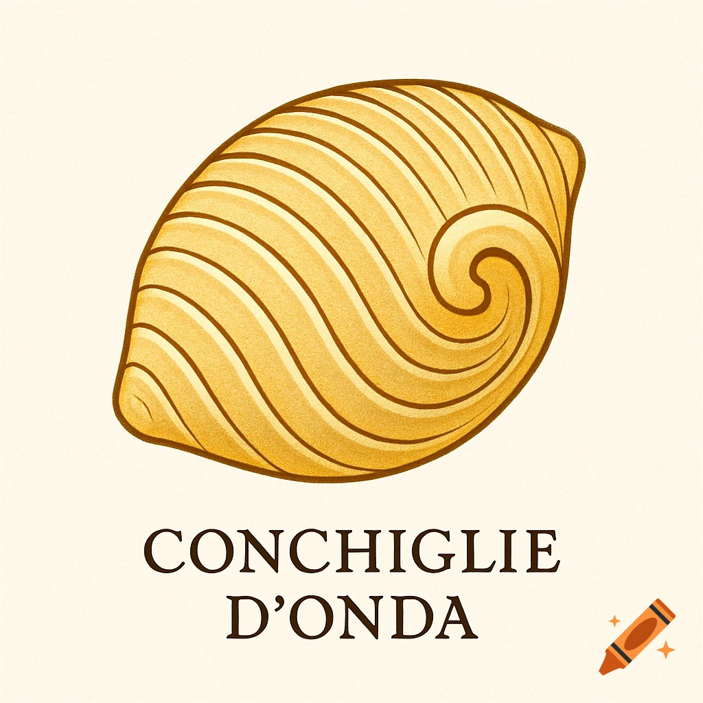 Stylized illustration of a golden conchiglie d'onda pasta shell, labeled 'CONCHIGLIE D D’ONDA'.