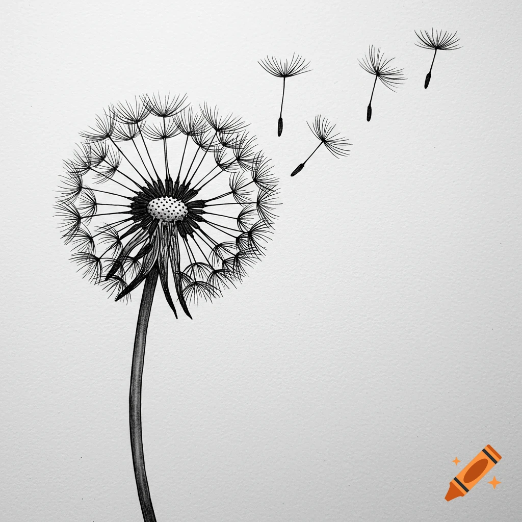 Black and white line art drawing of a dandelion with several seeds blowing off its head.