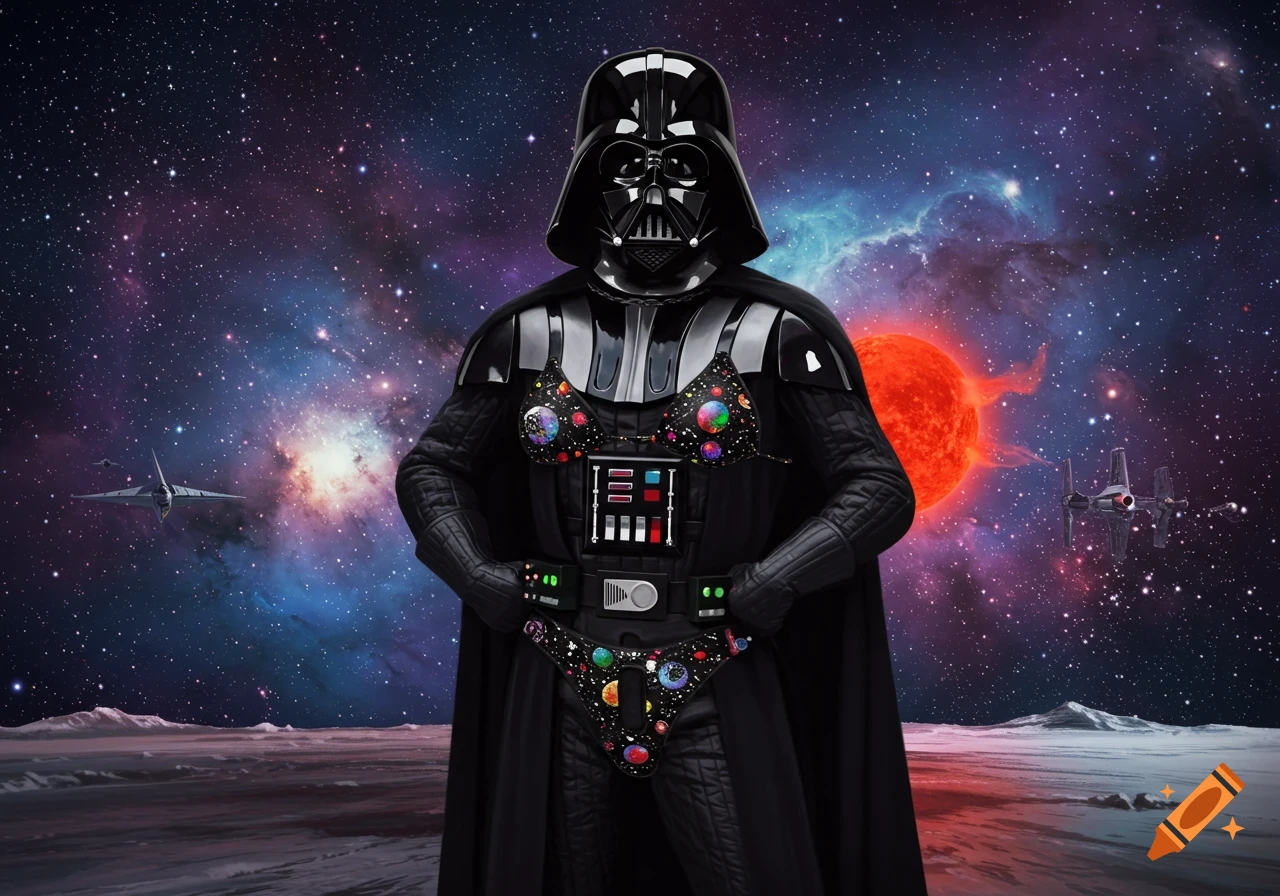 Darth Vader wearing a colorful, planet-themed bikini stands on an alien planet under a vibrant galaxy and red sun.