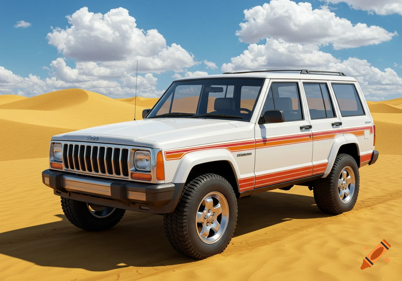 A white Jeep Cherokee with red and orange retro stripes is parked in a sandy desert under a blue sky with white clouds.