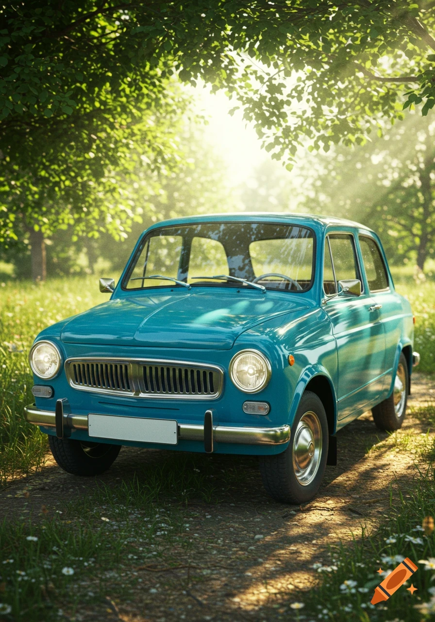A shiny blue vintage car parked on a dirt path in a sun-drenched, green forest with dappled sunlight through trees.