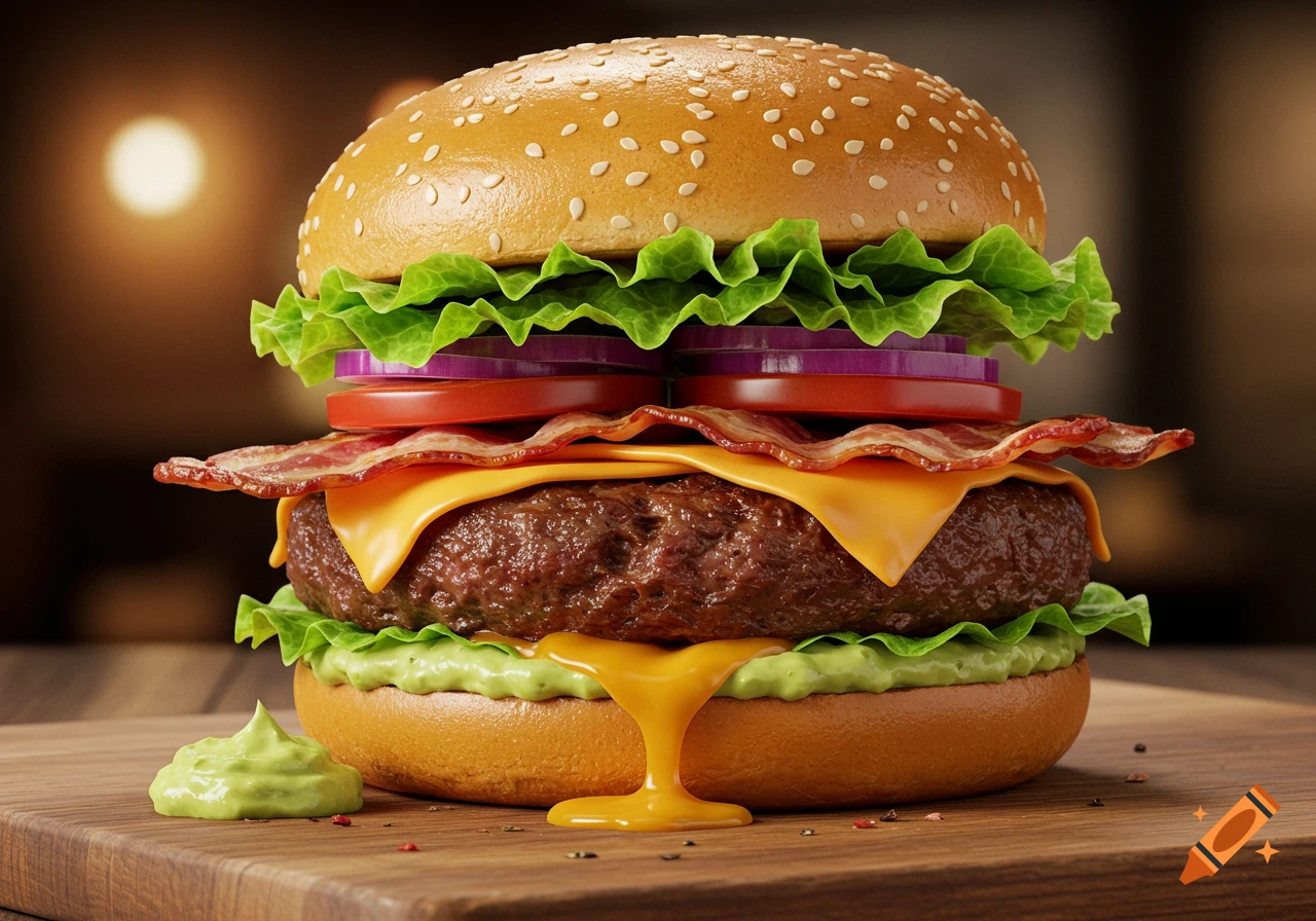 A close-up, photorealistic image of a tall, gourmet burger with bacon, cheese, lettuce, tomato, and red onion on a wooden board.