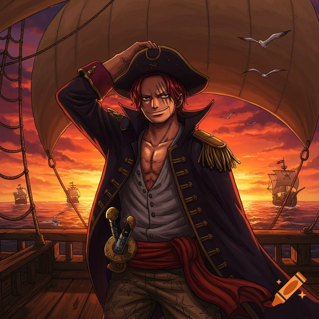 An anime pirate, resembling Shanks, stands on a ship deck at sunset, with other ships in the background.
