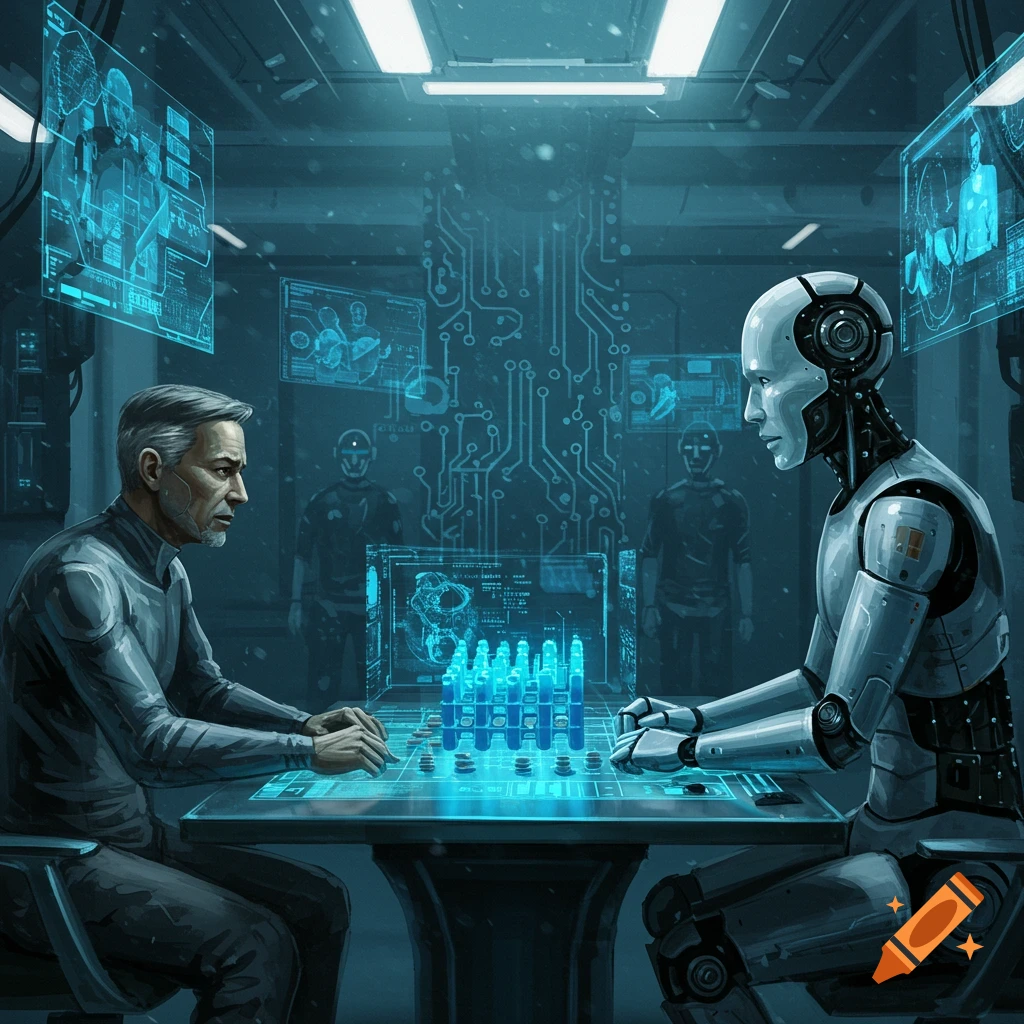 A man and a robot playing a holographic strategy game in a futuristic, neon-lit room with glowing screens.