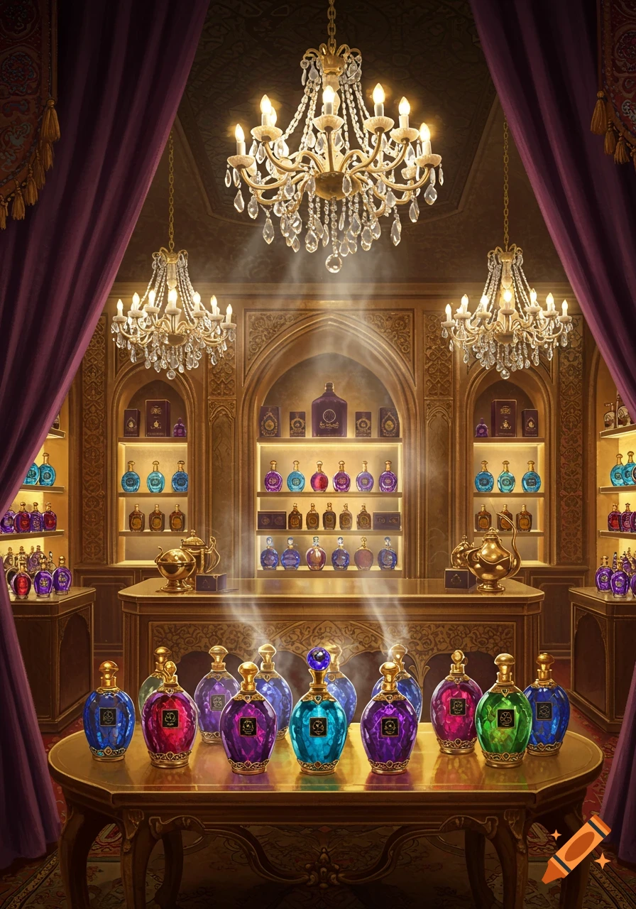 A lavish, ornate perfume shop interior with numerous colorful perfume bottles on a gold table and shelves, under sparkling chandeliers.