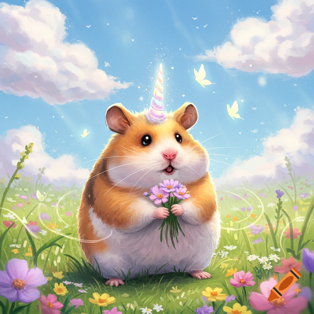 A cute fluffy hamster with a rainbow unicorn horn holds purple flowers in a vibrant meadow under a blue sky with butterflies.