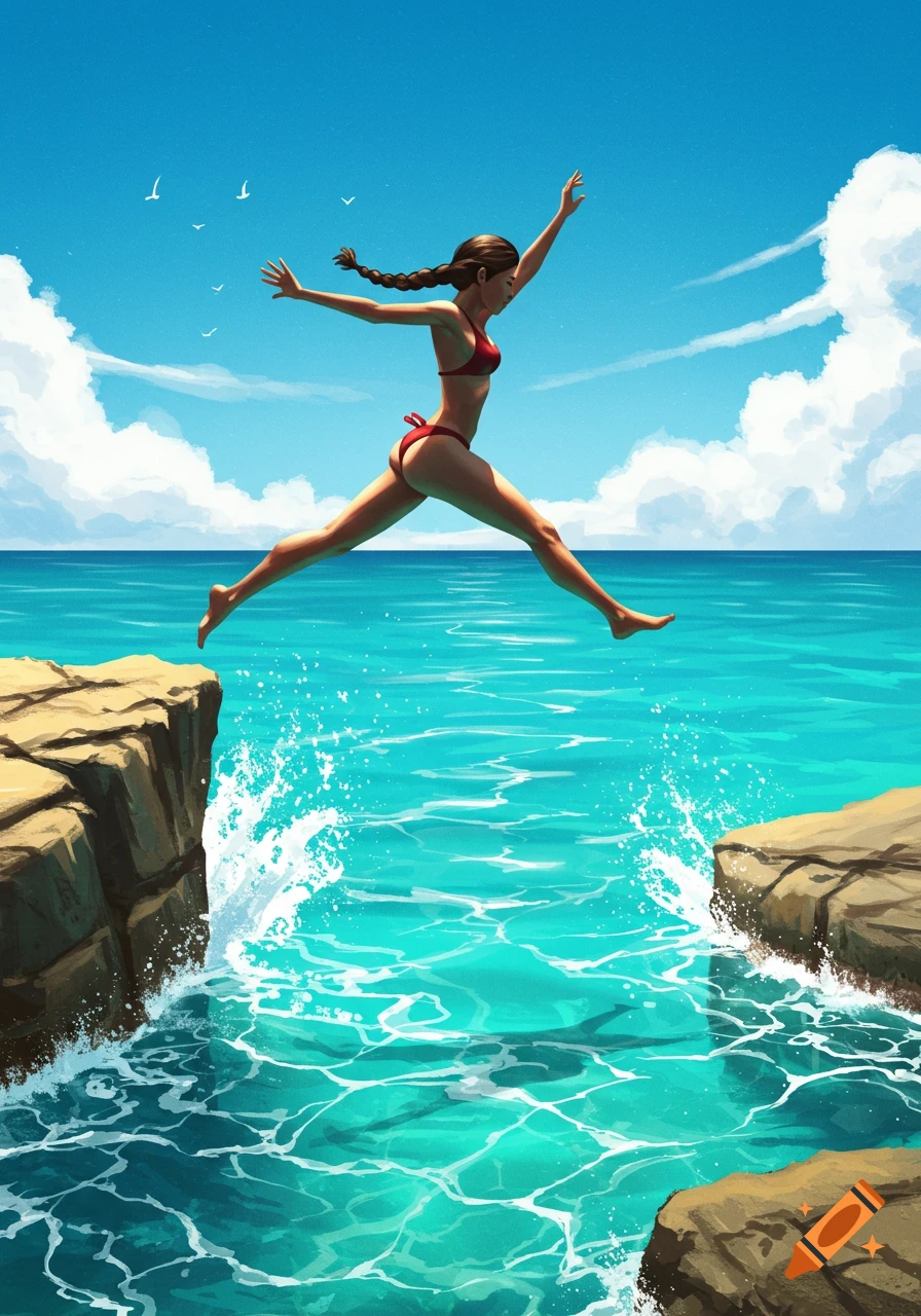 Stylized illustration of a slim tanned woman with braided hair in a red bikini jumping off a rock into a turquoise ocean under a blue sky.
