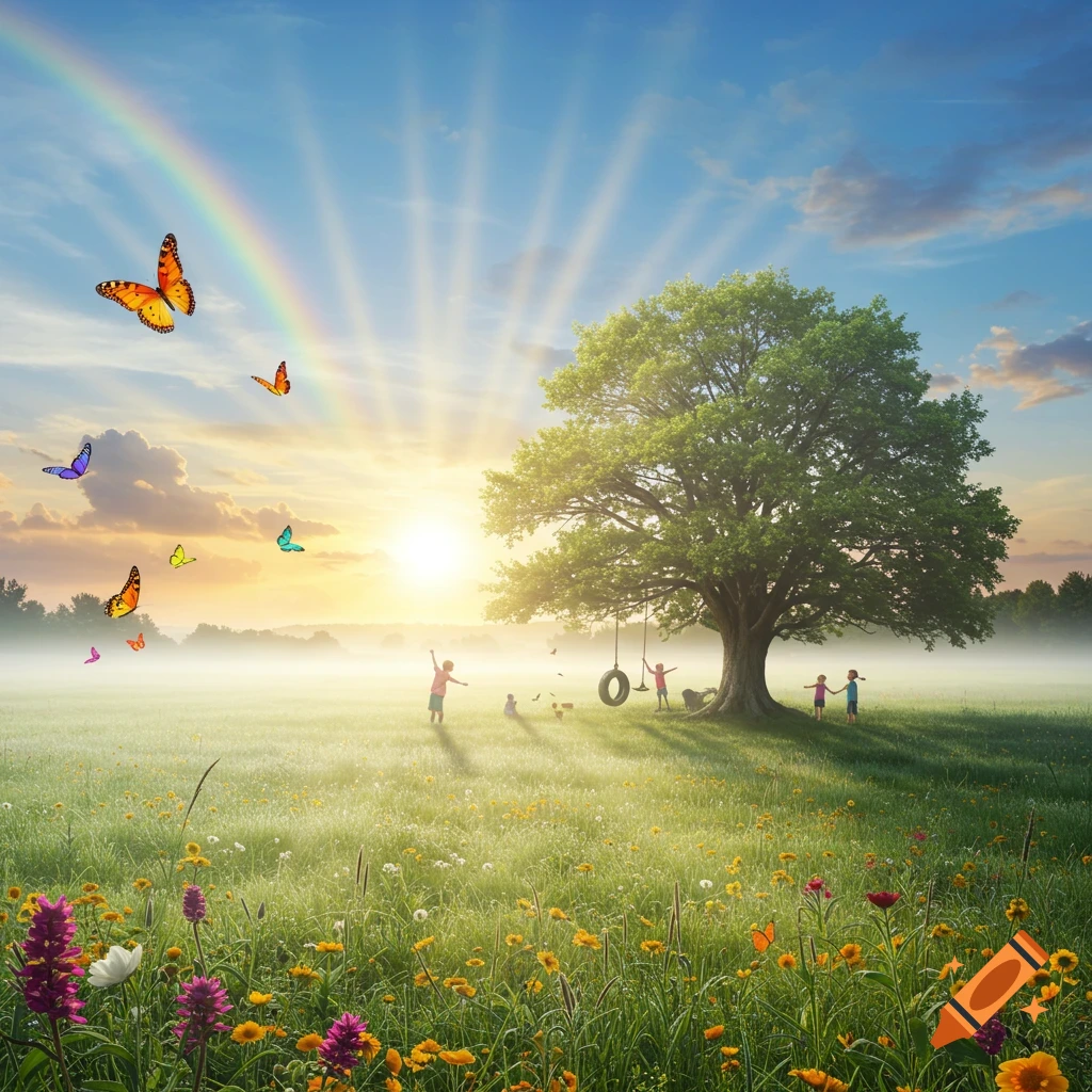 Children play in a vibrant, misty meadow under a rainbow and butterflies during a sunny sunset.