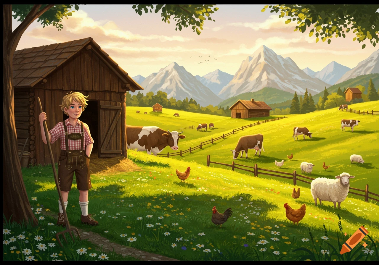 Cartoon illustration of a boy in lederhosen holding a pitchfork on a sunny farm with cows, sheep, chickens, a barn, and mountains.