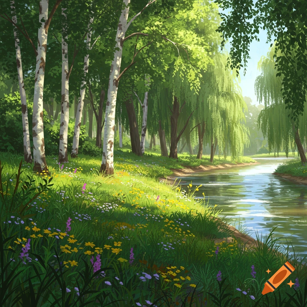 A sunlit, illustrative landscape of a winding river flowing through a lush forest with birch trees, weeping willows, and wildflowers.