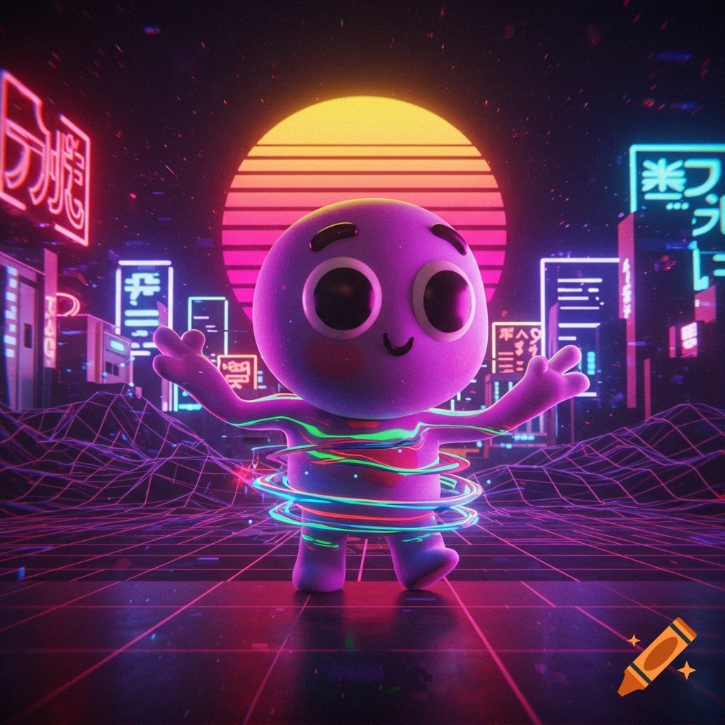 A cute purple cartoon character with big eyes stands on a neon grid floor in a retro-futuristic city, encircled by glowing rings.