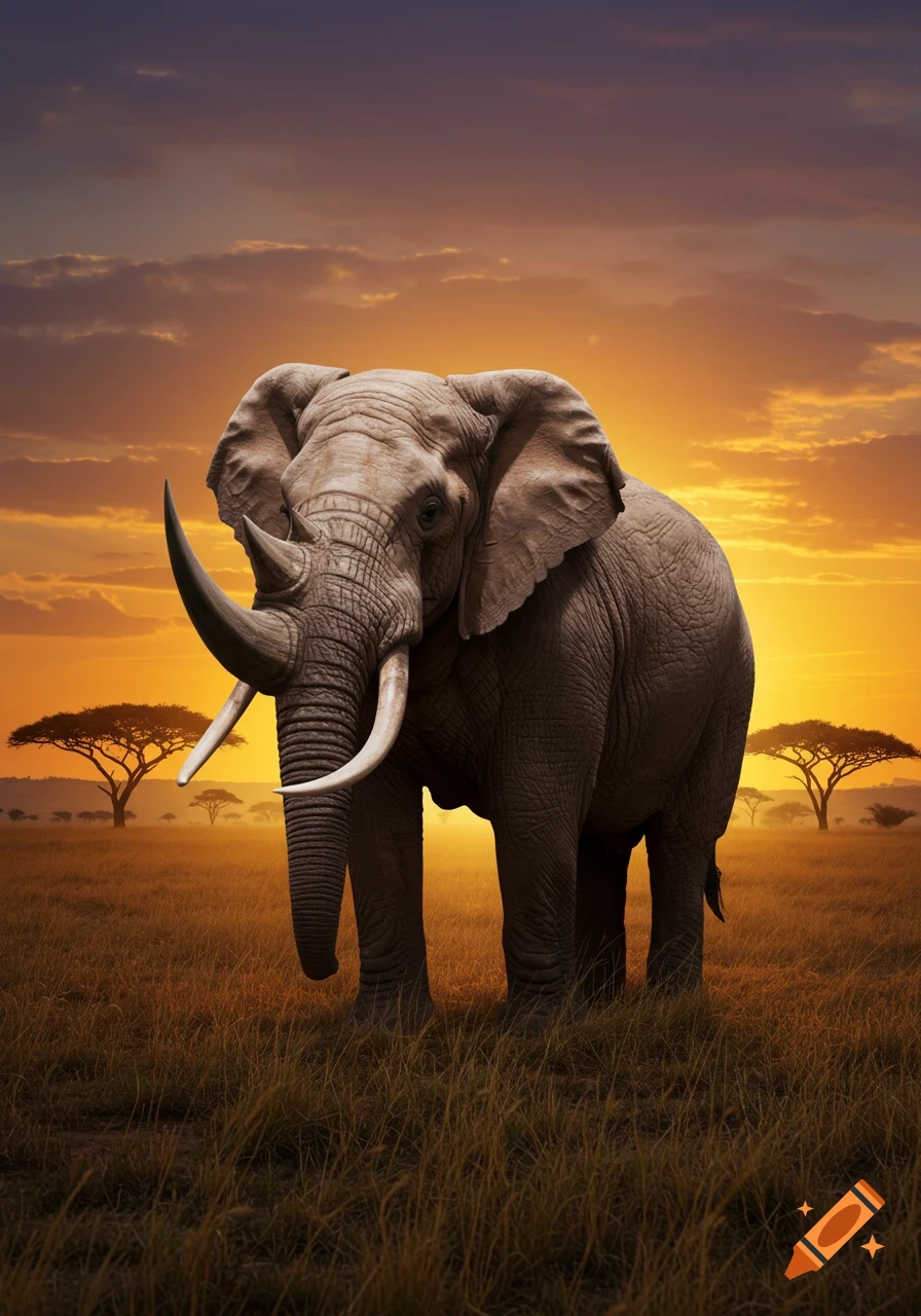Photorealistic elephant-rhino hybrid stands in a golden African savanna at sunset.