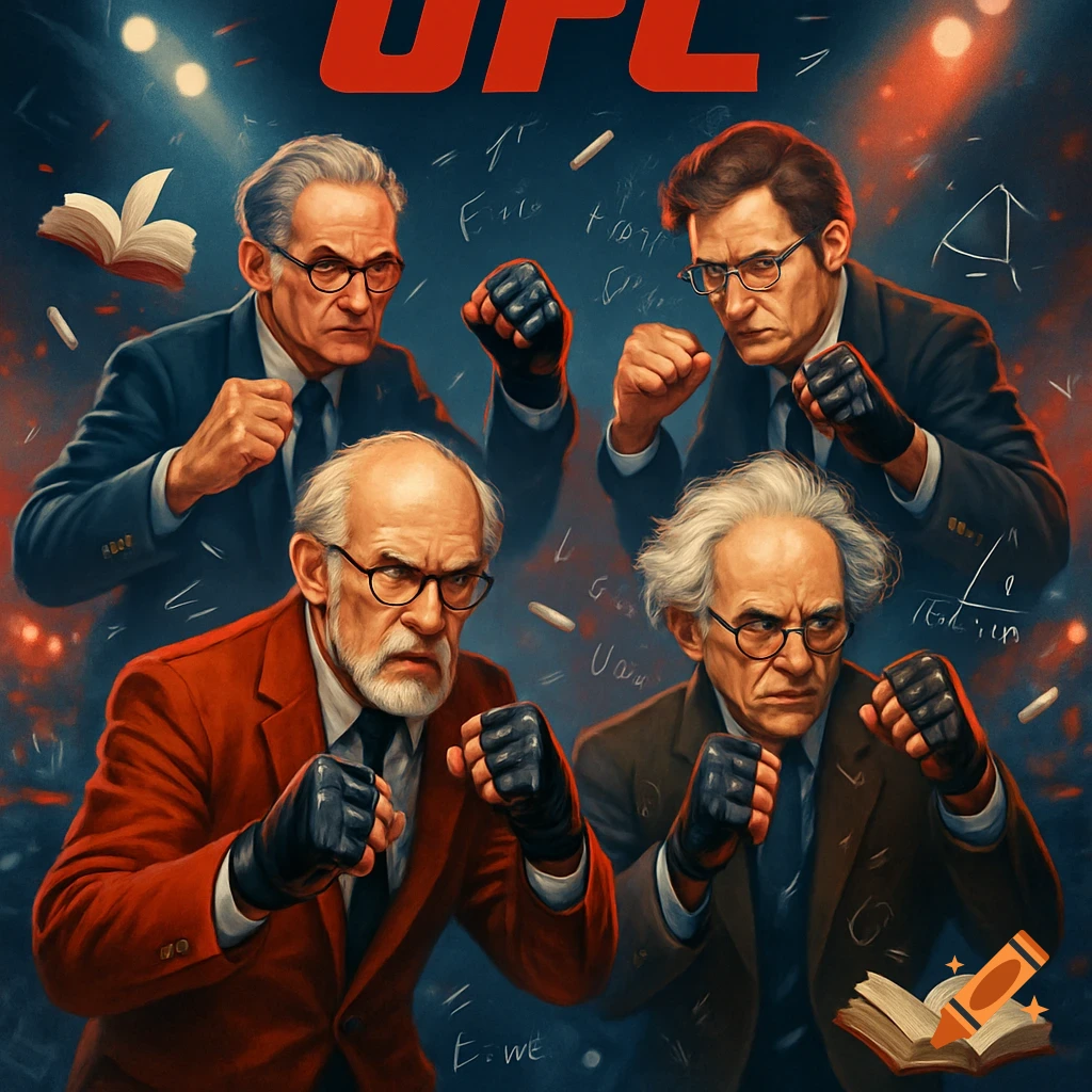 An exaggerated UFC-style poster features four stern-looking professors in suits and boxing gloves, ready to fight. Red 'UFC' text is at the top, with mathematical scribbles and floating books in the background.