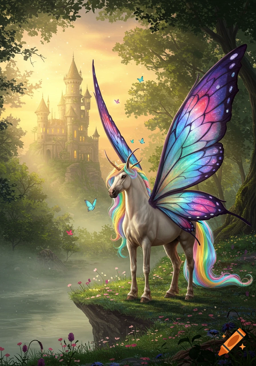 A vibrant unicorn with rainbow butterfly wings and mane stands by a misty river, with a fairytale castle in a magical forest.
