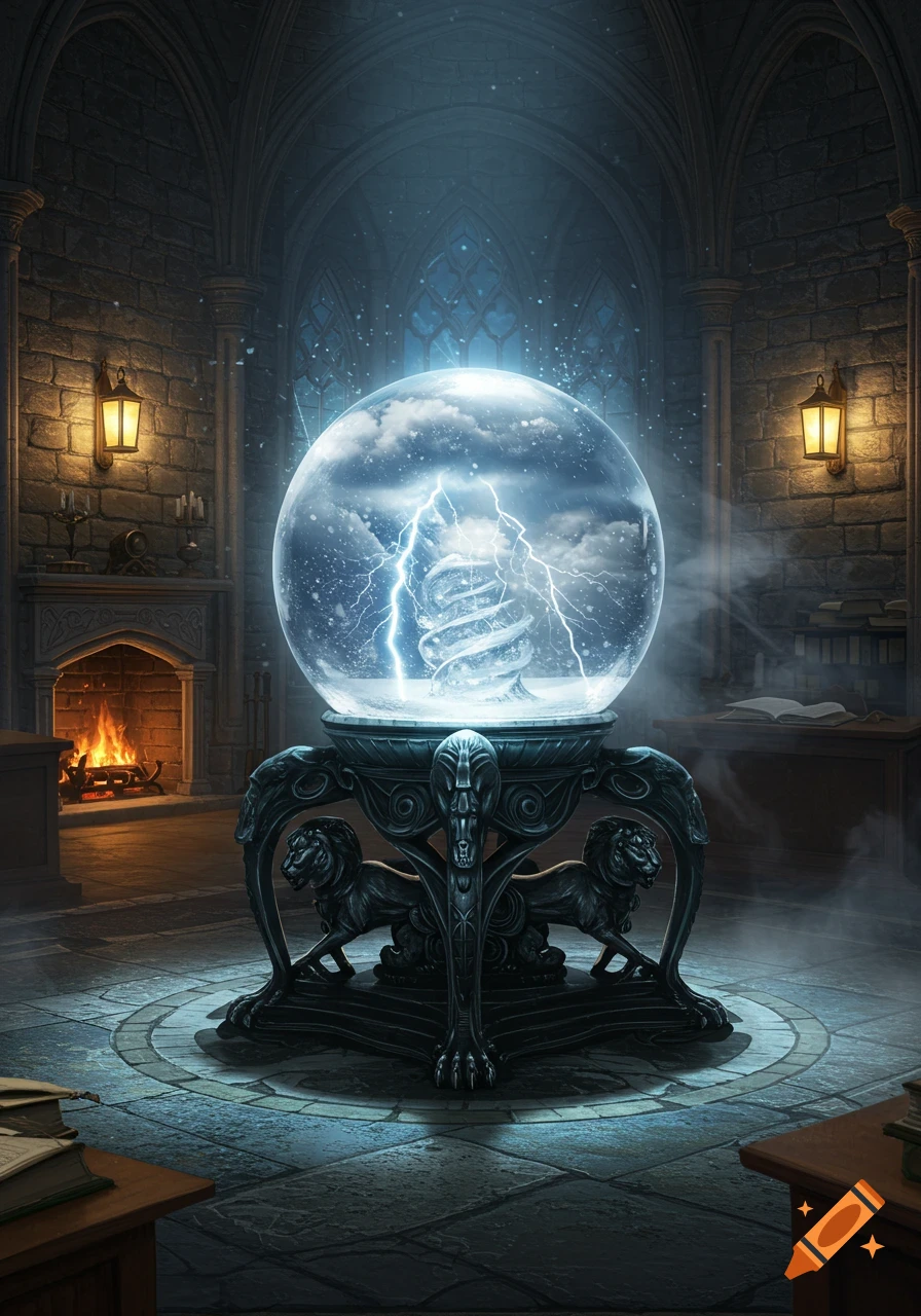 A large, glowing crystal ball with a thunderstorm inside sits on an ornate gothic stand in a dark, atmospheric academic room.