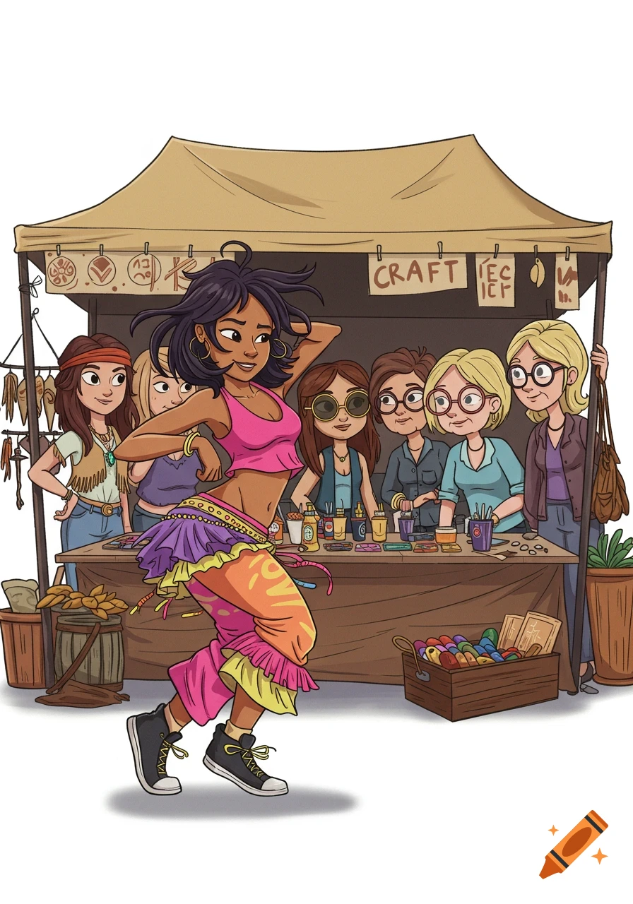 A cartoon image of a dark-haired woman in a pink crop top and colorful pants dancing Zumba in front of a craft stall where several women are browsing.