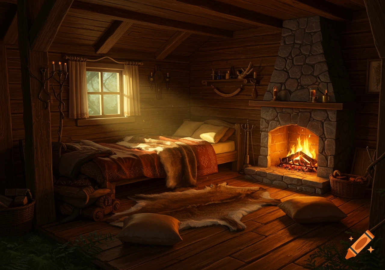 A cozy fantasy cabin interior with a bed, a roaring stone fireplace, and light streaming through a window.