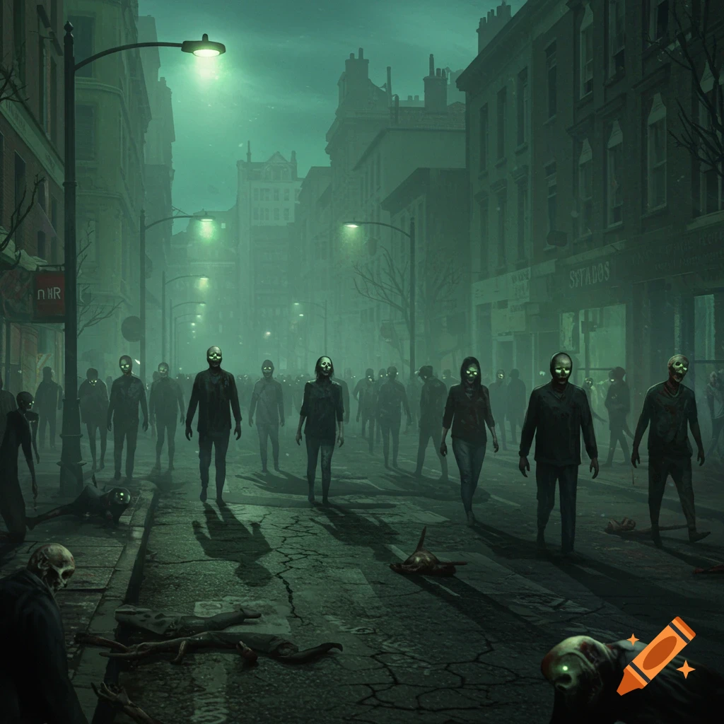 A horde of green-eyed zombies shambles down a dark, misty city street at night, with some bodies on the ground.