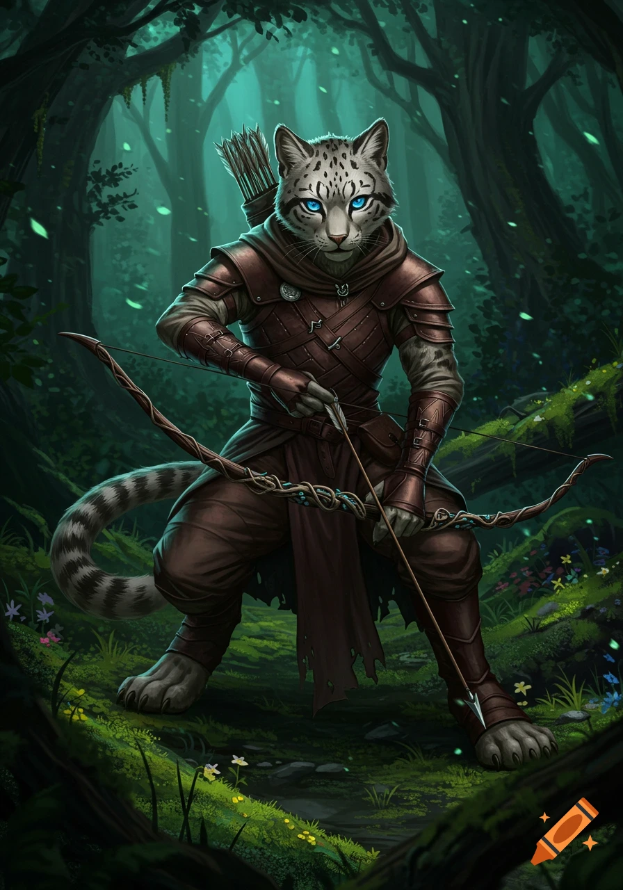 A detailed fantasy art of a white leopard tabaxi archer with piercing blue eyes holding a bow in a dark, lush forest.