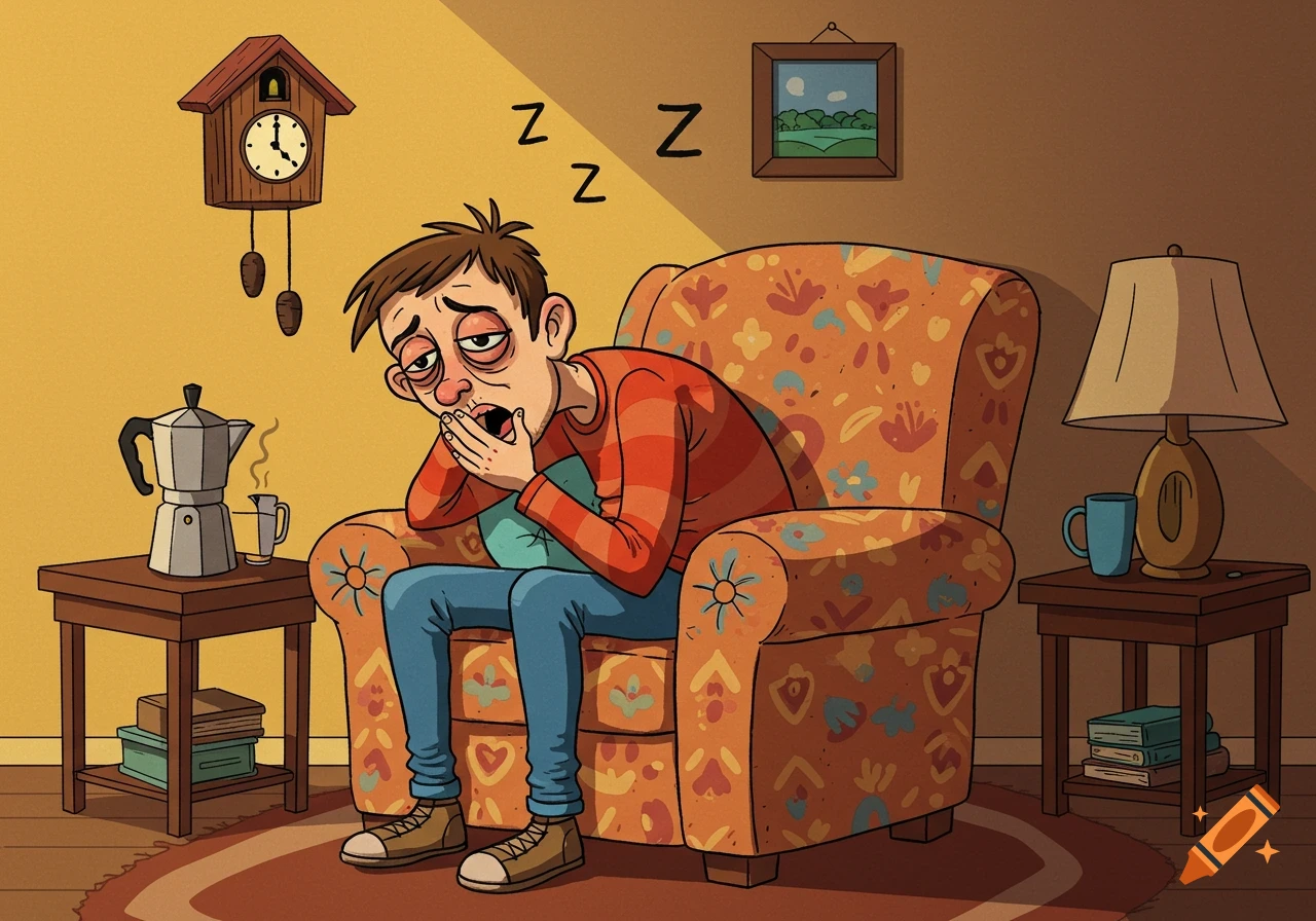 Cartoon of a disheveled, sleepy man yawning in an armchair, surrounded by a cuckoo clock and coffee pot.