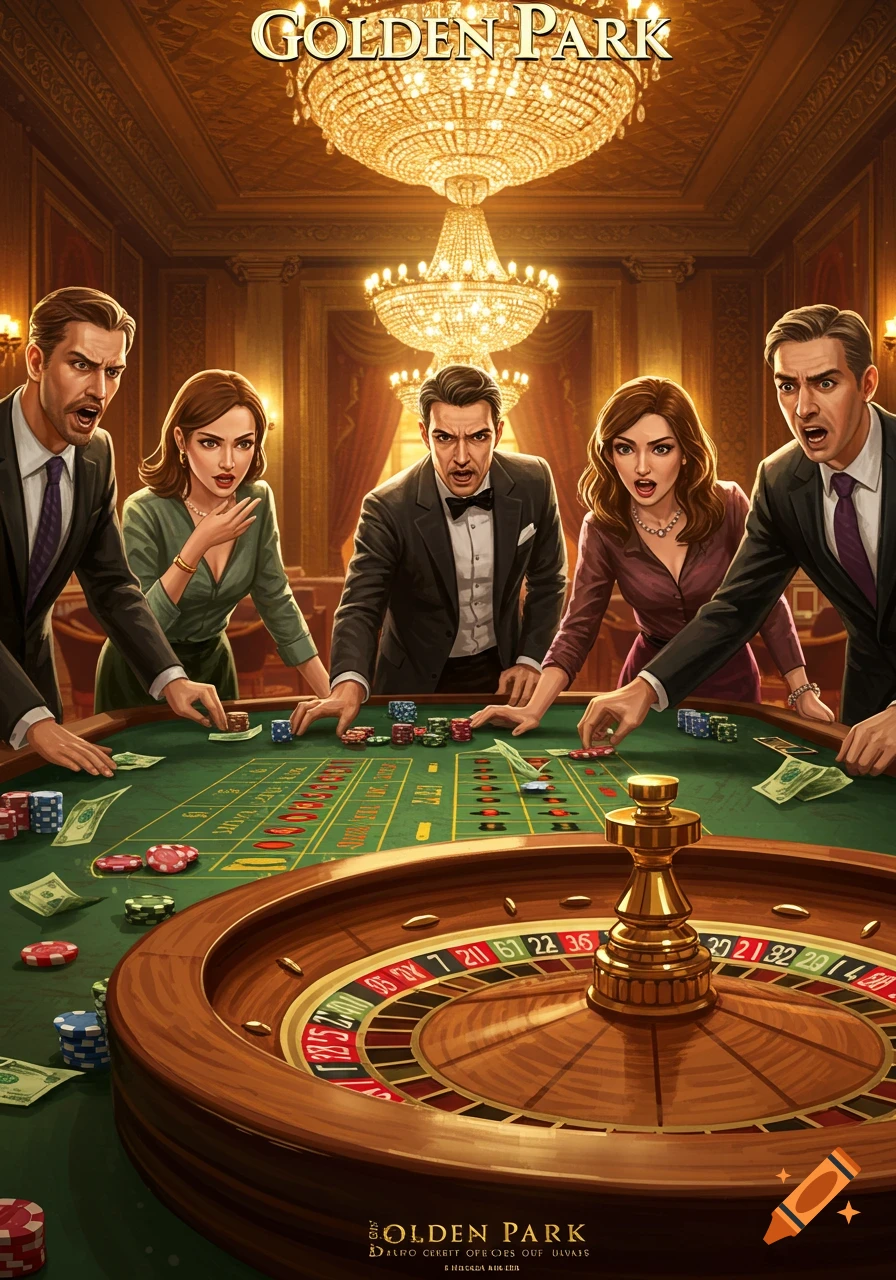 Five expressive people gamble intently at a roulette table in a luxurious casino, illustrated in a graphic novel style.